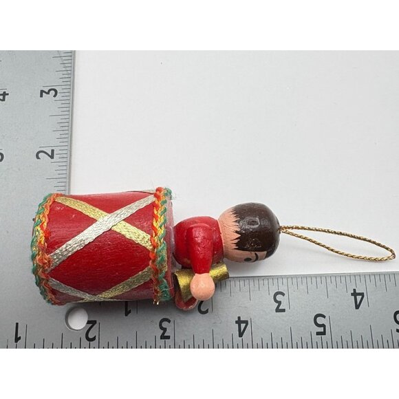 Vintage Wooden Drummer Boy Christmas Tree Ornament Red Drum & Gold Horn - Picture 3 of 8